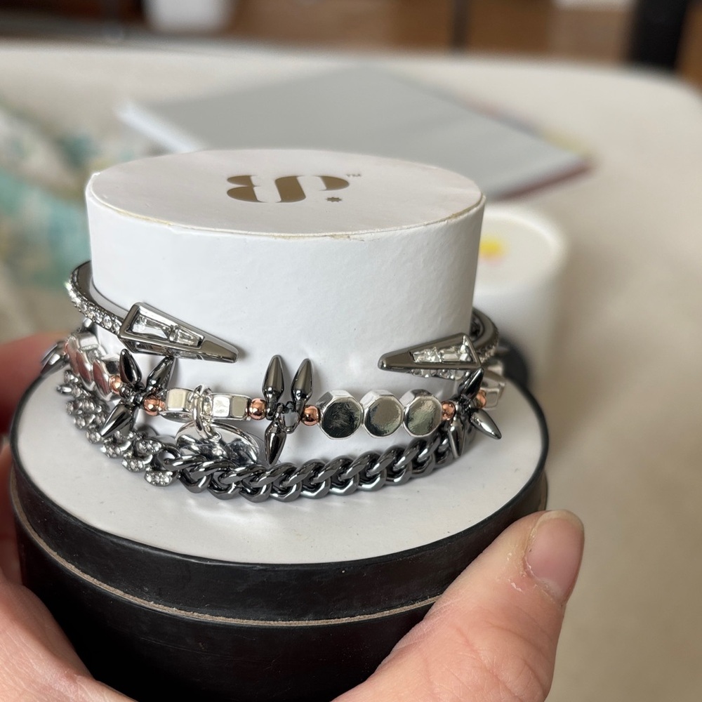 Layered Silver-Tone Spike & Chain Bracelet with Crystal Accents